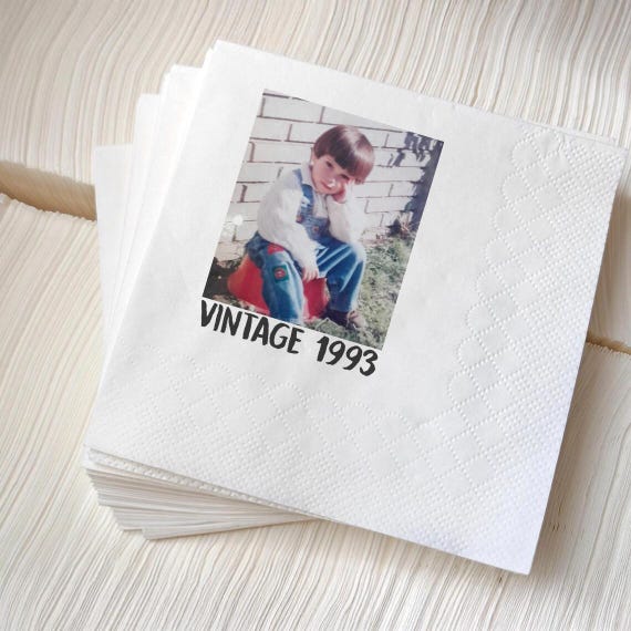 Vintage 1993 Custom Photo Napkins, 30th Birthday Party Napkins, Funny Milestone Birthday For Him Her, Personalized Cocktail Napkins Decor