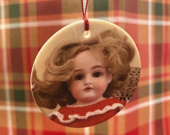 Antique Doll Face Ceramic Christmas Ornament
