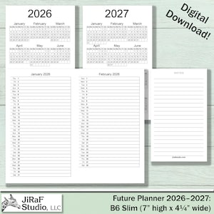 Op de afbeelding: Een digitale planner voor 2026-2027, met maandkalenders en gelinieerde pagina's voor notities. De B6 Slim planner is 17,78 cm hoog en 10,8 cm breed. De tekst "Digital Download!" staat rechtsboven.