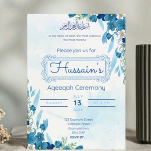 Invitación personalizada para bebé musulmán (Aqiqah) / Tarjeta islámica azul (Aqiqah) / Descarga digital / Anuncio de nacimiento (Bismillah) / Plantilla editable