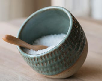 Handmade Ceramic Salt Cellar | Desert Sage | Carved Petal Design