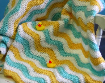 Aqua White Yellow Crocheted Ripple Baby Blanket- Chevron Crib Blanket-Ready To Ship