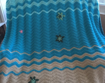 Sea Turtle and Sea Star Blanket, Crochet Crib Blanket, Baby Blanket, Throw FREE SHIPPING