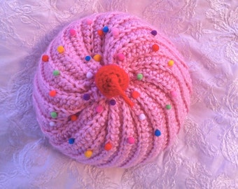 Crochet Cupcake Hat, Light Pink Cupcake Hat, Strawberry Pink Cake and Sprinkles -