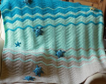 Sea Turtle and Sea Star Blanket, Crochet Crib Blanket, Baby Blanket, FREE SHIPPING!