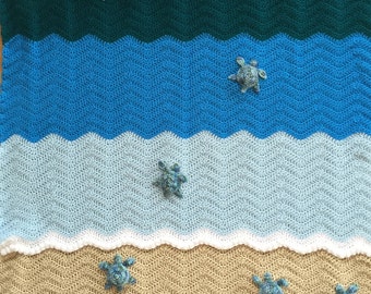 Sea Turtle Blanket, Crochet Crib Blanket, Baby Blanket, Throw, Free Shipping!size 32 X32 READY TO SHIP!