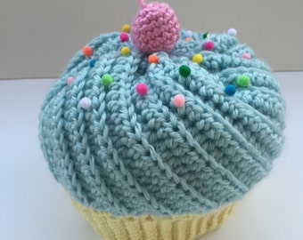 Crochet Cupcake Hat, Cupcake Hat, Baby Blue Frosting, Yellow Cake