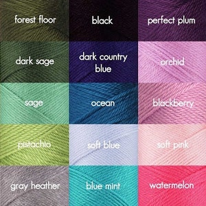 May include: A color chart of yarn samples with names like "chocolate", "forest floor", "black", "perfect plum", "autumn red", "bone", "dark sage", "dark country blue", "orchid", "persimmon", "autumn maize", "sage", "ocean", "blackberry", "strawberry", "off white", "pistachio", "soft blue", "soft pink", "melon", "white", "gray heather", "blue mint", "watermelon", and "sunshine".