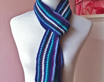 Shades of Blue Multi-Colored Crochet Scarf With Braided Tassels