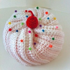 Crochet Cupcake Hat with White Frosting and Bright Pink Cake
