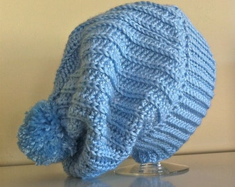 Textured Super Slouch Beanie, Beret, Hat With Pom Pom