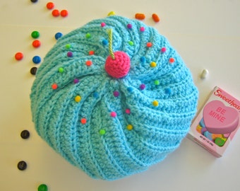 Crochet Cupcake Hat, Cupcake Hat With Sprinkles in Aqua Frosting and Chocolate Cake