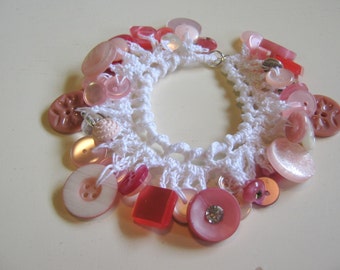 Bracelet of Dangling Vintage Buttons in Crochet - Shades of Pink - READY TO SHIP