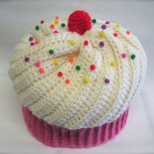 Crochet Cupcake Hat, Off White Frosting, Pink Cake With Sprinkles