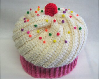 Crochet Cupcake Hat, Off White Frosting, Pink Cake With Sprinkles