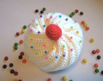 Crochet Cupcake Hat with Sprinkles in Chocolate and Cream Frosting - Made To Order