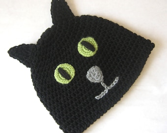 Black Cat Crochet Hat, Halloween Cat, Halloween Kitty Hat