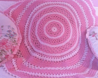 Round Pink and White Lacy Doily Blanket Throw-READY TO SHIP