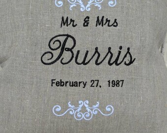 Mr & Mrs Pillow, Anniversary Pillow, Wedding Gift, Anniversary Gift, Commemorative Pillow, Custom Pillow, Linen Pillow, Embroidered Pillow