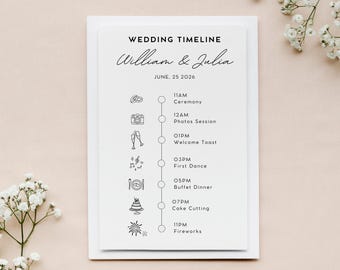 Peut inclure: Une carte blanche avec un programme de mariage. Le texte "WEDDING TIMELINE" et les noms "William & Julia" sont affichés. La date est "JUNE, 25 2026" et les événements incluent "Cérémonie" et "Feu d'artifice".
