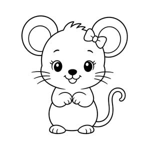 Pode incluir: Uma ilustração de arte linear em preto e branco de um rato de desenho animado com orelhas grandes e redondas, um pequeno laço na cabeça, cílios longos e uma cauda enrolada. O rato está de frente com as mãos juntas perto do peito.