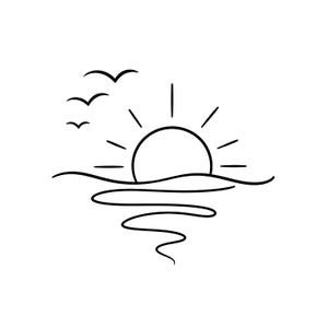 Op de afbeelding: Een minimalistische zwart-wit lijntekening van een zonsondergang boven de oceaan. De zon is een halve cirkel met stralen. Drie vogels vliegen boven de horizon en het water reflecteert het zonlicht.