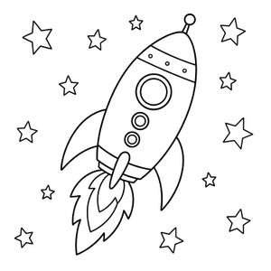 May include: A black and white line art illustration of a rocket ship launching into space. The rocket features a pointed nose cone with an antenna, a circular window, two smaller circular portholes, and flames exiting the base, surrounded by stars.