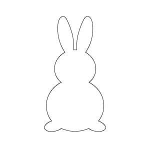 Könnte beinhalten: Eine schwarze Umrisszeichnung eines Kaninchens. Das Kaninchen hat lange Ohren, einen runden Kopf, einen runden Körper und zwei kleine Füße. Das Bild ist ein einfaches, minimalistisches Design, perfekt für Oster- oder Frühlingsbastelarbeiten und Dekorationen.