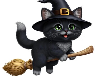 Halloween Kitten Clipart: Spooky Bat, Spider, Pumpkins (Digital Download)