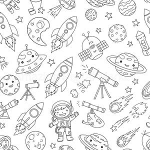 以下が含まれることがあります： 惑星、星、ロケット、望遠鏡、宇宙飛行士、UFOなど、宇宙をテーマにしたオブジェクトの白黒の線画イラスト。イラストは白い背景です。
