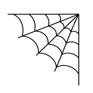 May include: A black and white graphic illustration of a spider web designed for a corner. The design features straight lines radiating from a single point, connected by curved lines to form a repeating web pattern on a plain background.