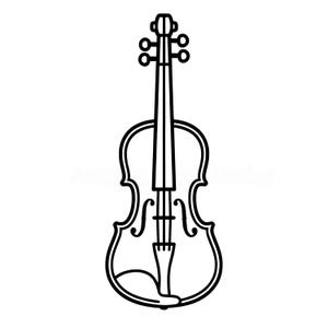 May include: A black and white line drawing of a violin. The instrument is depicted in a simple, outlined style, showcasing its classic shape, including the scroll, body, and bridge. The image is set against a plain white background.
