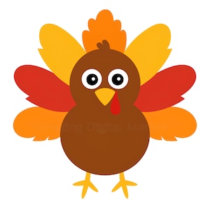 May include: A cartoon turkey illustration with a brown body, yellow feet, and a yellow beak. The turkey has large white eyes and a red wattle. Its colorful feathers are in shades of orange, yellow, and red.