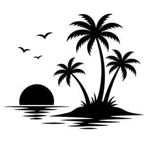 May include: A black silhouette graphic featuring three palm trees on a small island, a setting sun positioned above the water line, and three birds flying in the sky. The design includes reflections of the sun and the island on the water surface.