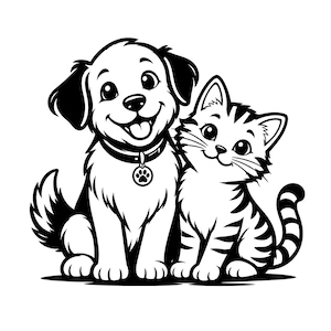 Könnte beinhalten: Schwarz-weiße Illustration eines lächelnden Hundes und einer Katze, die nebeneinander sitzen. Der Hund trägt ein Halsband mit einem Pfotenabdruck-Anhänger. Die Katze hat Streifen und einen eingerollten Schwanz. Haustier-Design.