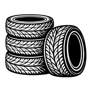May include: Black and white illustration of a stack of four tires with a fifth tire leaning against the stack. The tires have a tread pattern designed for grip and traction.