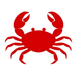 May include: A red crab silhouette with two large claws and multiple legs. The crab is depicted in a simple, graphic style, set against a plain white background. The crab's body is oval-shaped with two small, round eyes.