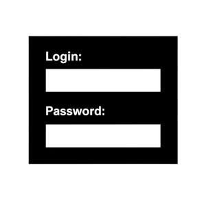 May include: A black square graphic featuring the white text Login followed by a white rectangular input field, and the white text Password followed by a second white rectangular input field, all arranged vertically on a solid black background.