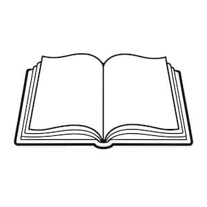 May include: A black and white line art illustration of an open book with blank pages. The drawing features thick, bold outlines defining the spine, the central gutter, and the curved edges of the pages, creating a simple, clear graphic icon.