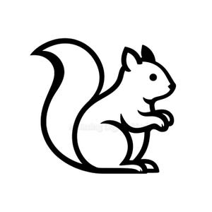 May include: A black and white line drawing of a squirrel in profile. The squirrel has a large, bushy tail and is holding its paws together. The image is a simple, cartoon-style illustration.