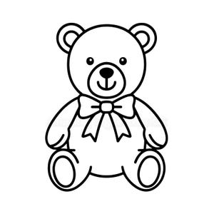 Może przedstawiać: Czarno-biała ilustracja misia. Miś ma okrągłą głowę z małymi uszami, czarny nos i uśmiechnięte usta. Muszka jest wokół szyi misia. Miś siedzi, widoczne są ramiona i nogi.