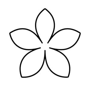 Op de afbeelding: Een eenvoudige zwart-wit lijntekening van een bloem met vijf bloemblaadjes. Het ontwerp heeft een dikke, doorlopende zwarte omtrek die de vorm van de bloemblaadjes op een effen witte achtergrond vormt, wat een duidelijk en symmetrisch bloemenicoon creëert.