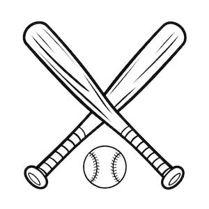 Puede incluir: Una ilustración de arte lineal en blanco y negro que muestra dos bates de béisbol cruzados en forma de X sobre una pelota de béisbol. Los bates presentan empuñaduras detalladas y pomos redondeados, mientras que la pelota muestra costuras visibles.