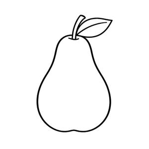 May include: A black and white line drawing of a pear. The pear is a classic teardrop shape with a stem and a single leaf at the top. The image is simple and clean, with a white background.