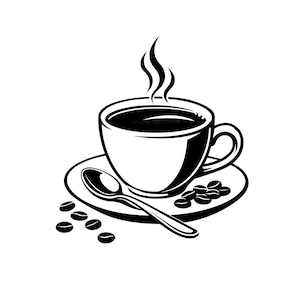 Può includere: Illustrazione in bianco e nero di una tazza di caffè fumante, con piattino, cucchiaino e chicchi di caffè. Design grafico semplice e pulito, adatto a vari progetti e applicazioni.