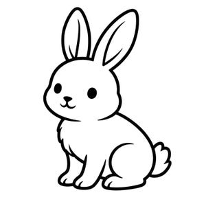 Puede incluir: Ilustración de dibujos animados en blanco y negro de un conejo sentado. El conejo tiene orejas grandes, ojos redondos y una pequeña cola esponjosa. El contorno es grueso y la imagen es sencilla.