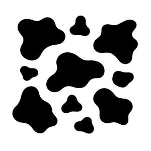 May include: A graphic pattern consisting of multiple solid black, irregular, rounded shapes distributed across a plain white background. The design features varying sizes of blob-like forms that resemble a classic cow print or animal hide motif.