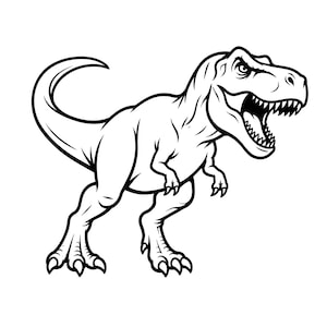 May include: A black and white graphic illustration of a Tyrannosaurus Rex dinosaur. The dinosaur is depicted in a side profile view with its mouth open, showing sharp teeth, and its tail curved upward. The design features bold, clean lines.