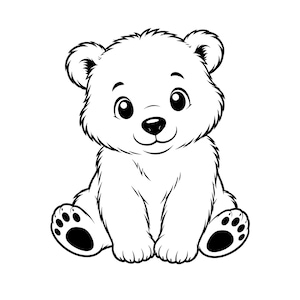 Könnte beinhalten: Schwarz-Weiß-Illustration eines Cartoon-Eisbärenjungen im Sitzen. Der Bär hat große, runde Augen, eine kleine Nase und einen lächelnden Mund. Das Fell des Bären ist mit kurzen, strukturierten Linien detailliert.