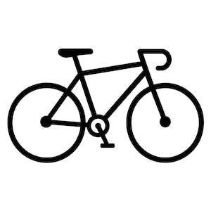 Pode incluir: Um ícone gráfico a preto e branco de uma bicicleta de estrada com um quadro de tubo superior horizontal, guiador de corrida, duas rodas circulares, um selim e um conjunto de pedais posicionado centralmente entre as rodas.
